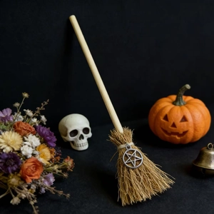 Close-up of witch broom pendant with wooden handle and silver pentagram star detail