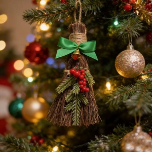Detail of Christmas broom ornament with green bow, gold bell, berries and pine needles