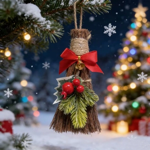 Christmas broom decor with red bow, golden bell and pine needles on snowy background
