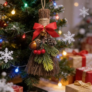 Detail of Christmas broom ornament with red bow, pine cone, and golden bell decor