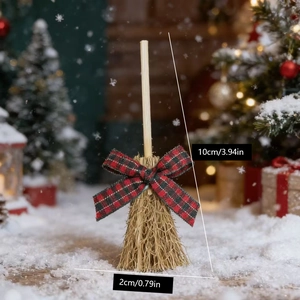 Mini Christmas decorative broom with plaid bow in 10cm height for holiday display