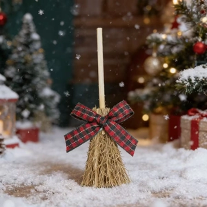 Detailed view of mini Christmas broom ornament with red buffalo plaid bow in winter setting