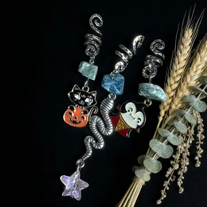 Handmade Natural Crystal Dreadlock Jewelry Halloween Spiral Hair Rings With Bat Skull Pumpkin Charms For Women Gift