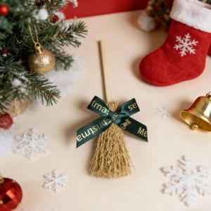 Handcrafted Christmas decorative broom with Merry Christmas ribbon and wooden handle