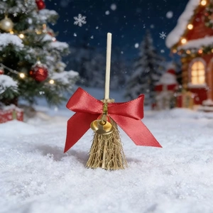 Christmas miniature decorative broom with red bow and golden bell in snowy forest