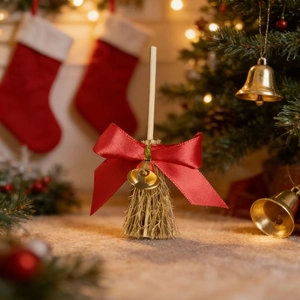 Close-up of decorative Christmas broom with red bow and gold bell in holiday setting