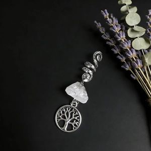 Natural crystal dreadlock cuff with silver spiral and tree of life charm for hair