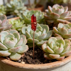 Natural red crystal column plant stake with copper wire wrap for succulent decor