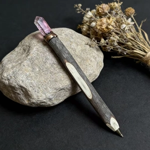 Eco-friendly wooden branch ballpoint pen with natural pink crystal quartz top
