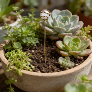 Natural white crystal sphere plant stake with gold copper wire wrapping for succulents