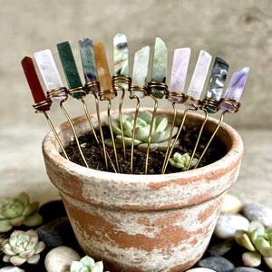 Set of 12 natural raw crystal flower inserts with wire wrapped stones for plant decor