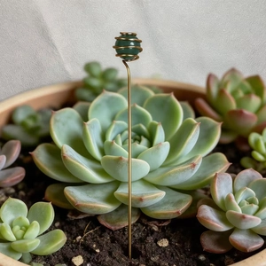 Detail of handmade gold wire spiral ornament with green crystal bead in a succulent pot