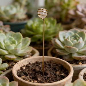Detail of rose quartz crystal globe wrapped in gold wire for decorative garden stakes