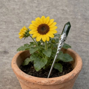 Macro view of a green crystal hexagonal hair stick in a sunflower plant pot