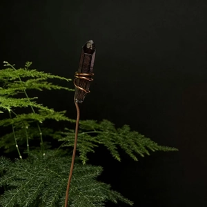 Detailed copper wire wrapped smoky crystal flower arrangement stake for home decor