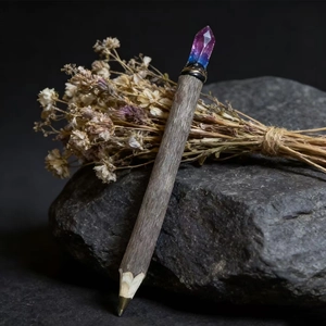 Macro detail of natural wood ballpoint pen with raw purple crystal on black stone