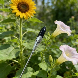 Black hexagonal crystal hairpin with silver filigree floral base on nature background