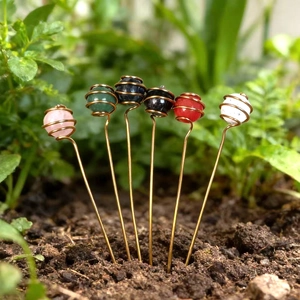 Set of 6 colorful natural crystal ball garden stakes with golden wire wrap decoration