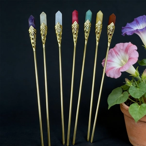 Detailed set of seven golden hairpins with hexagonal colorful natural crystal points
