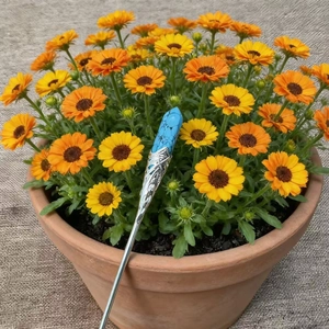 Detail of silver filigree hair pin with blue stone tucked in daisy flower decor