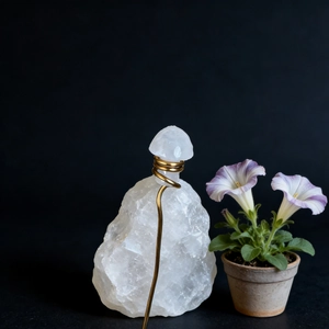 Detailed view of handmade crystal mushroom ornament with gold wire wrapping and raw base