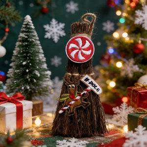 Handcrafted Christmas straw broom with reindeer N-Pole patch for holiday home decor