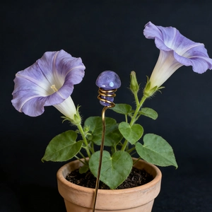 Macro shot of purple crystal mushroom garden stake with gold wire wrap in floral pot