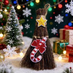 Handmade Straw Christmas Decorative Broom With Embroidery Patches Gingerbread Man Reindeer Hanging Ornament Festive Home Decor