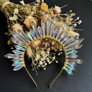 Golden sun goddess halo crown with iridescent crystal prisms and bohemian floral accents
