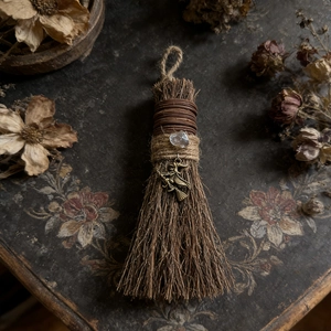 Mini witch broom decor with natural twigs, white crystal and vintage metal charm