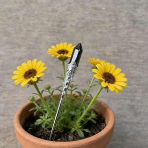 Detail of silver hair stick with hexagonal black crystal gemstone in a flower setting