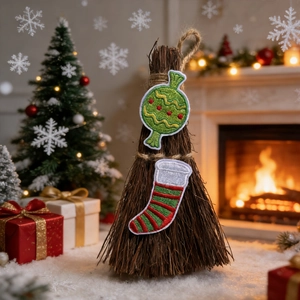 Detail of Christmas candy and stocking embroidery patches on a rustic broom decoration