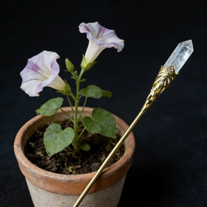 Detailed macro view of natural white crystal point and gold filigree on decorative hair pin