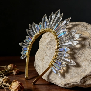 Macro view of crystal goddess crown featuring iridescent prisms hand-wrapped in gold wire