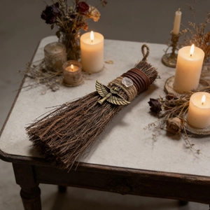 Detail of handmade ritual besom with bronze goddess pendant and crystal on branch