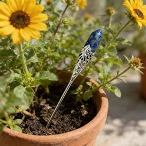 Lapis lazuli hexagonal crystal plant stake with silver filigree in flower pot