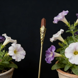Chinese vintage gold hair pin with brown goldstone and delicate floral hollow design