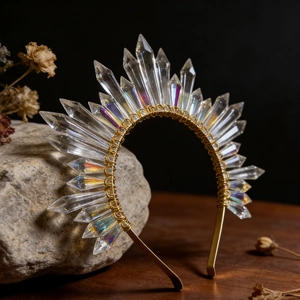 Goddess sun crown headband with crystal points and iridescent finish for bridal parties