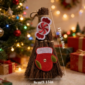 Decorative Christmas broom with candy and glove patches, size 17x8cm for holiday decor
