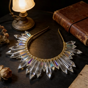 Detailed view of sun goddess crown headband with gold wire and iridescent crystals