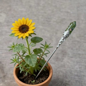 Detailed view of a green crystal hair pin with silver floral metalwork in a sunflower pot