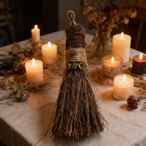 Close-up of a rustic wizard besom with a pink stone and pentagram on a candlelit table