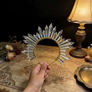 Golden sun goddess crystal crown headband featuring raw quartz points and halo design