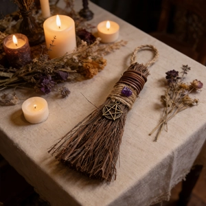 Detailed close-up of a rustic altar besom with a purple crystal and pentagram charm