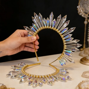 Sun Goddess Halo Crown Headband Iridescent Crystal Pointed Beads Gold Metal Wire Handmade Bohemia Wedding Party Hair Accessories