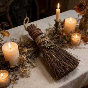 Detail of handcrafted mini witch broom with metal pendant and crystal on linen cloth