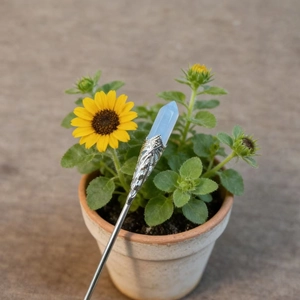 Detailed shot of a silver hair pin featuring a light blue hexagonal crystal and floral carving