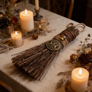 Close-up of decorative besom broom with leather wraps, hemp rope, and a metallic charm
