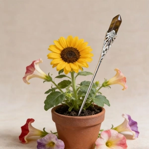 Detailed view of silver flower support with tiger eye stone crystal in a sunflower pot