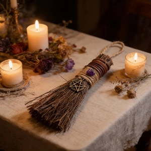 Handmade Christmas decorative broom with natural twigs, amethyst, and bronze pentagram